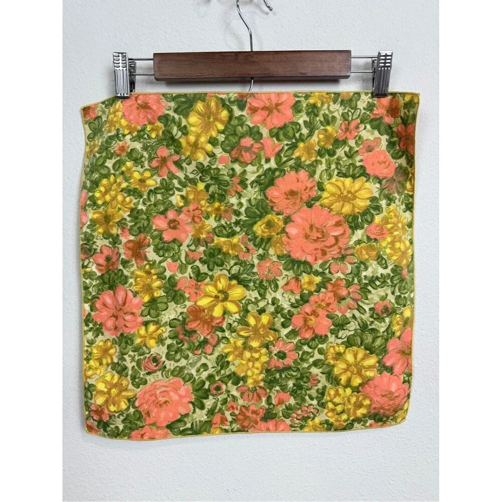 2 Vintage 70s Cloth Napkins Coral, Yellow & Green Floral